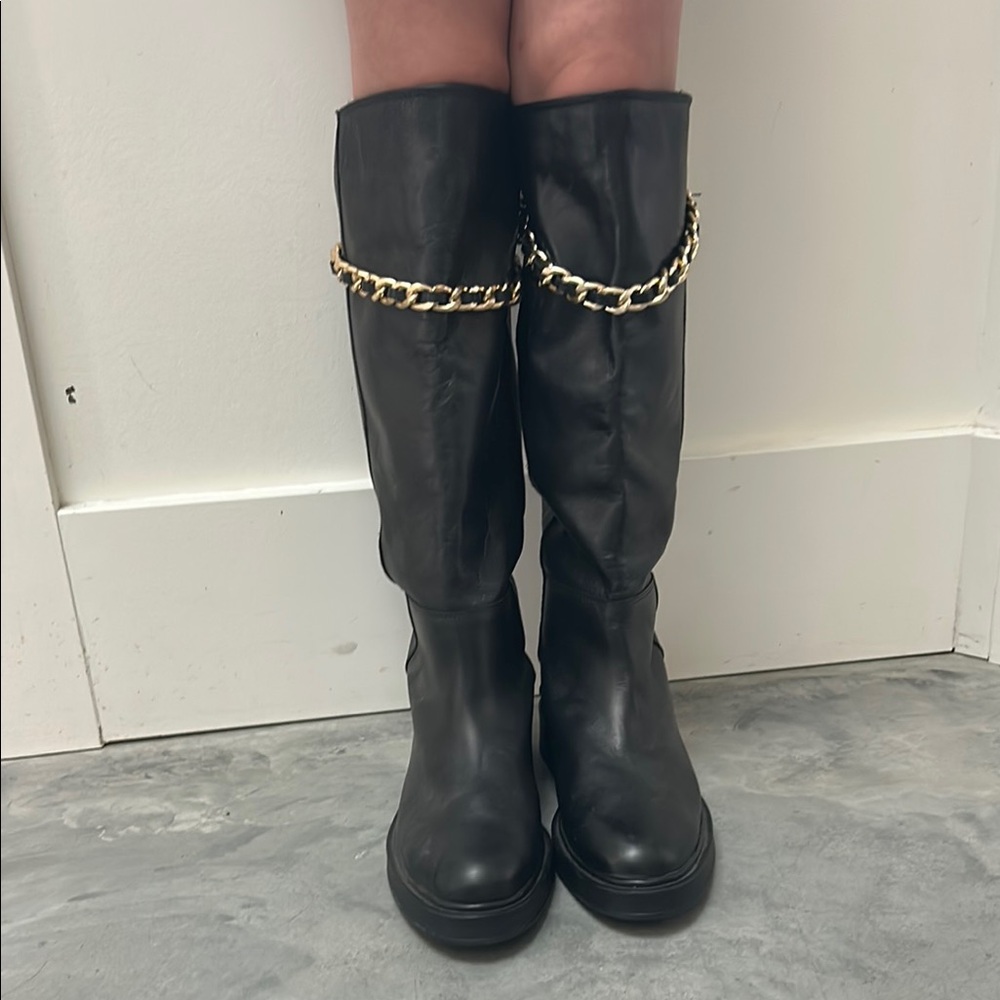 ALOHAS Black and Gold Over the Knee Boots